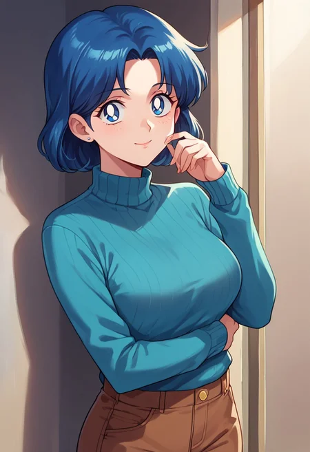 (masterpiece), best quality, a 30-year-old woman with (blue bob hair) and blue eyes, she wears a (cyan blue sweater) (long sleeves) and (brown pants), light smile, mature female, motherly, score_9, score_8_up, score_7_up, source_anime, score_9, score_8_up, score_7_up, sm90s