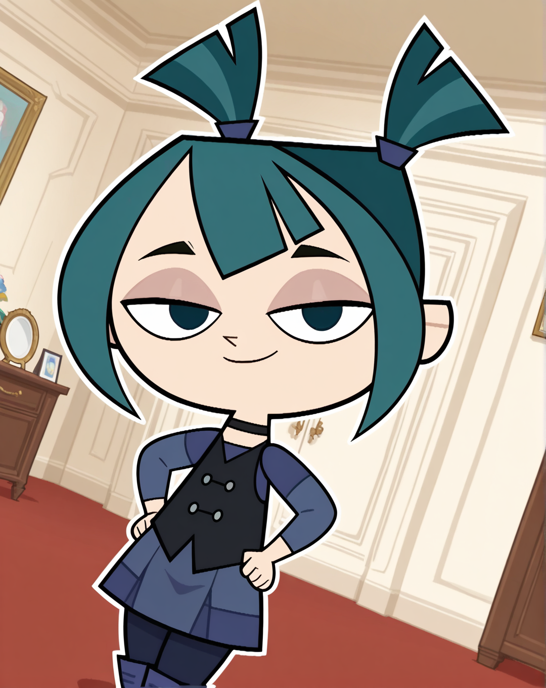masterpiece, best quality, amazing quality, very aesthetic, absurdres, newest, solo, GwentdrZYN, 1girl, solo, chibi, teal hair, high pigtails, black vest, blue shirt, dress, dark blue pants, blue boots, black choker, black eyes,, cowboy shot, looking at viewer, beautiful, ((beautiful face, beautiful eyes)), Wide Hips, Big thighs, standing,(smile, dutch angle, naughty pose, looking at viewer, indoors, elegant room, solo, dynamic pose, full_body, head tilt,),((white background, White frame, white outline))