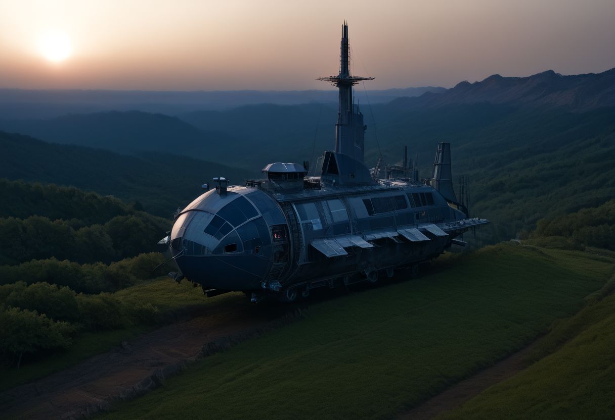 Avali metal, wires, tech, futuristic, highly detailed, sunrise,  (Encountering mythical beasts) (Amongst manticores and chimeras), score_9, score_8_up, score_7_up, score_6_up, score_5_up, score_4_up, adorable, beautiful, beautiful landscape, futuristic, hyper detailed, jagged rocks and cliffs, big structures, dark and gloomy, crashed spaceship, wreckage, overgrown, moss
