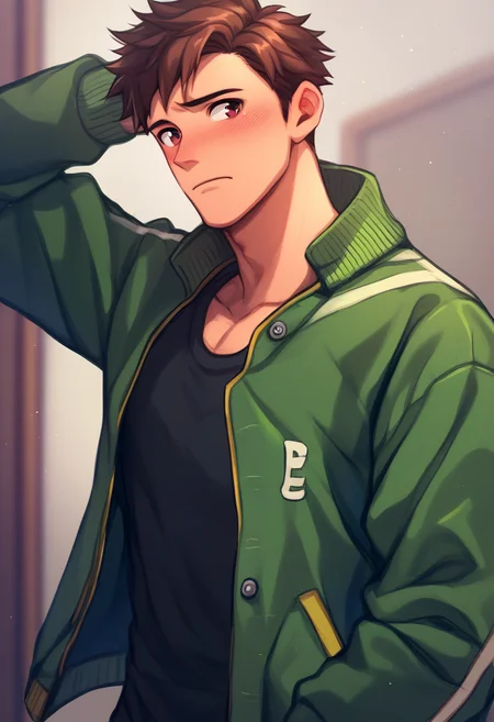 score_9, score_8_up, score_7_up, score_6_up, score_5_up, score_4_up, alex_sdv, 1boy, solo, green jacket, brown hair, blush, brown eyes, black shirt, upper body, open jacket, short hair, looking to the side, indoors, standing, closed mouth <lora:Alex_SDV-Pony-XL-v6:1>