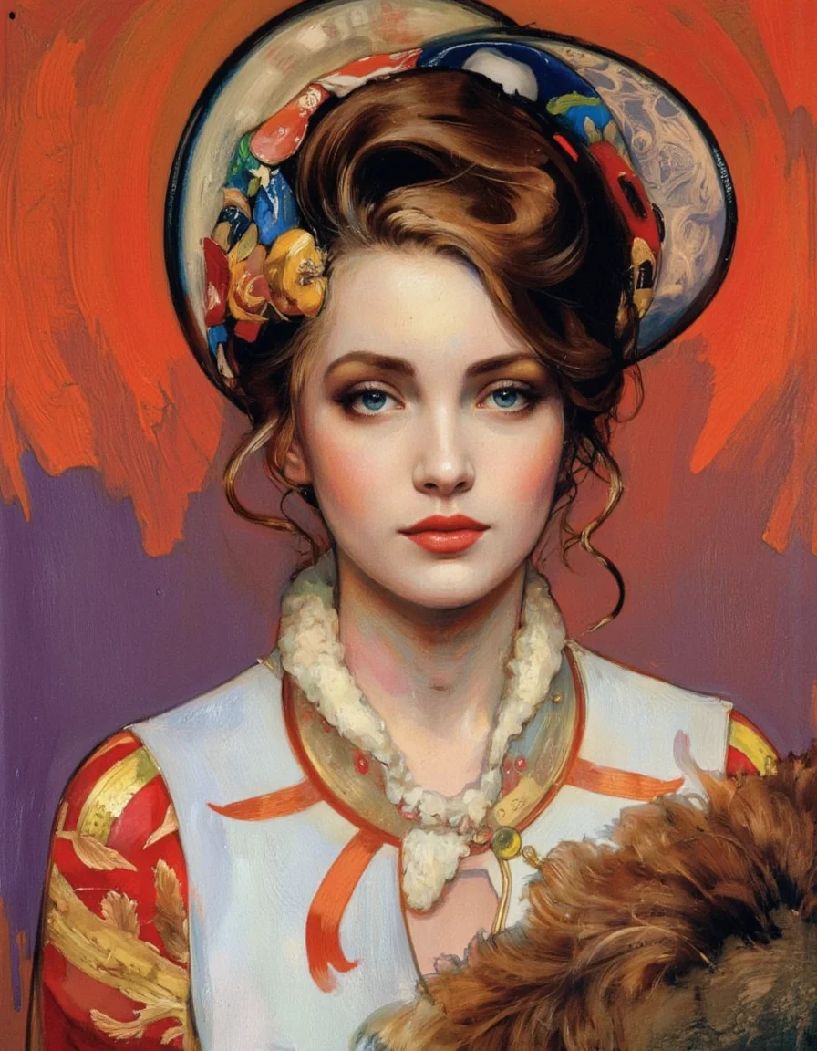 By Joshua Burbank. A painting of a woman with a unique and colorful headpiece, captured from a portrait camera angle. the woman, who appears to be in her mid-twenties, is positioned in the middle of the frame, with her upper body facing the viewer. she has a fair complexion, blue eyes, and a slender physique. her hair is styled in an elaborate updo with a colorful flower, and she is wearing a white dress with red and gold accents, along with a fur collar. the background is a vibrant mix of red, orange, and purple hues, creating a striking contrast with the woman's face and clothing. the painting is done in a realistic style with a focus on texture and color, and the artist's signature is visible in the bottom left corner, adding a personal touch to the artwork.