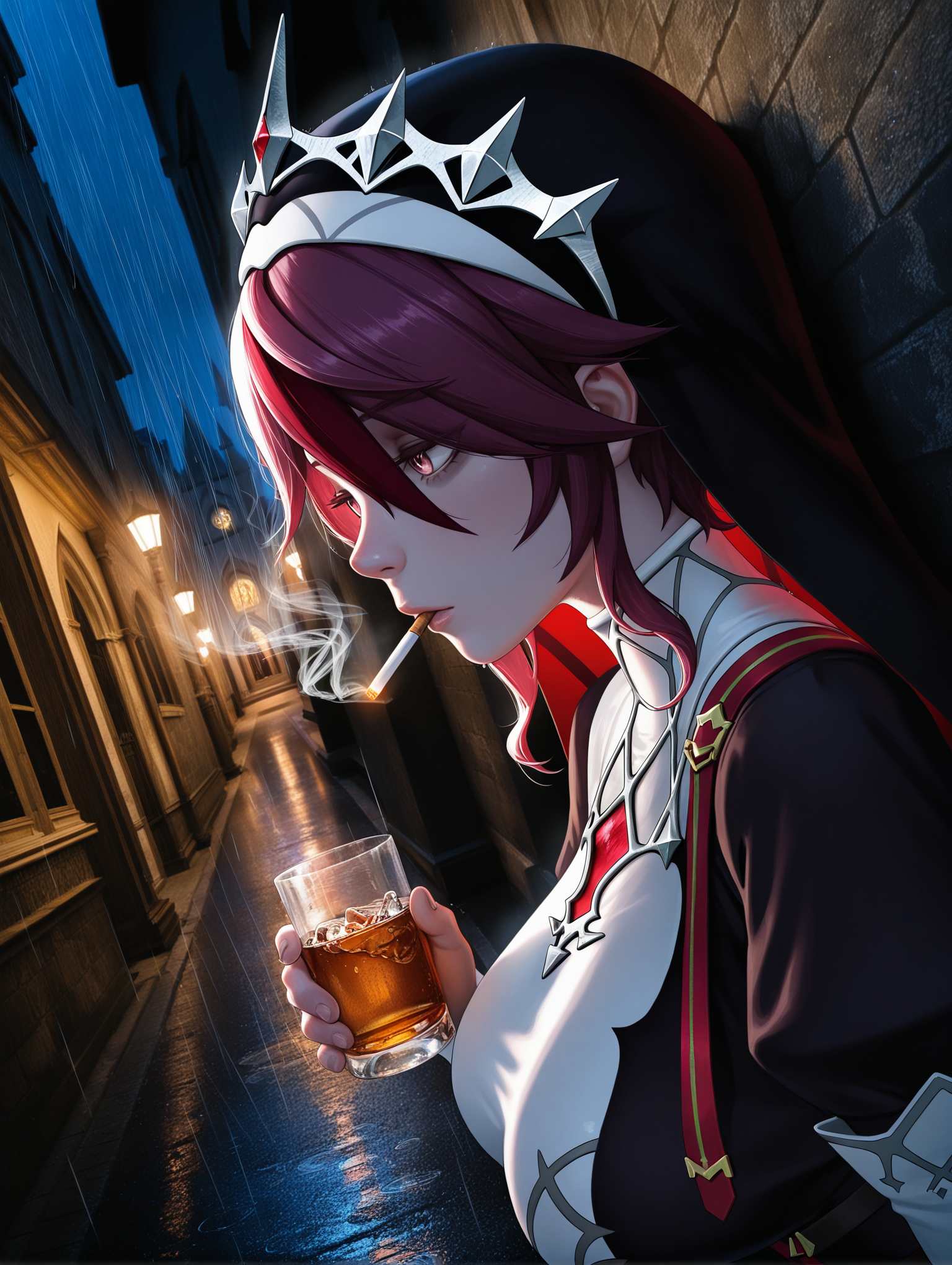 1girl, solo, rosaria, genshin impact, nun, drinking outside the church, dutch angle, soft rain, night, street, dark Alley, alcohol, cigarette,  side view perspective, leaning against the wall,close view, large pupil,photo background,realistic background
,masterpiece,best quality,amazing quality,