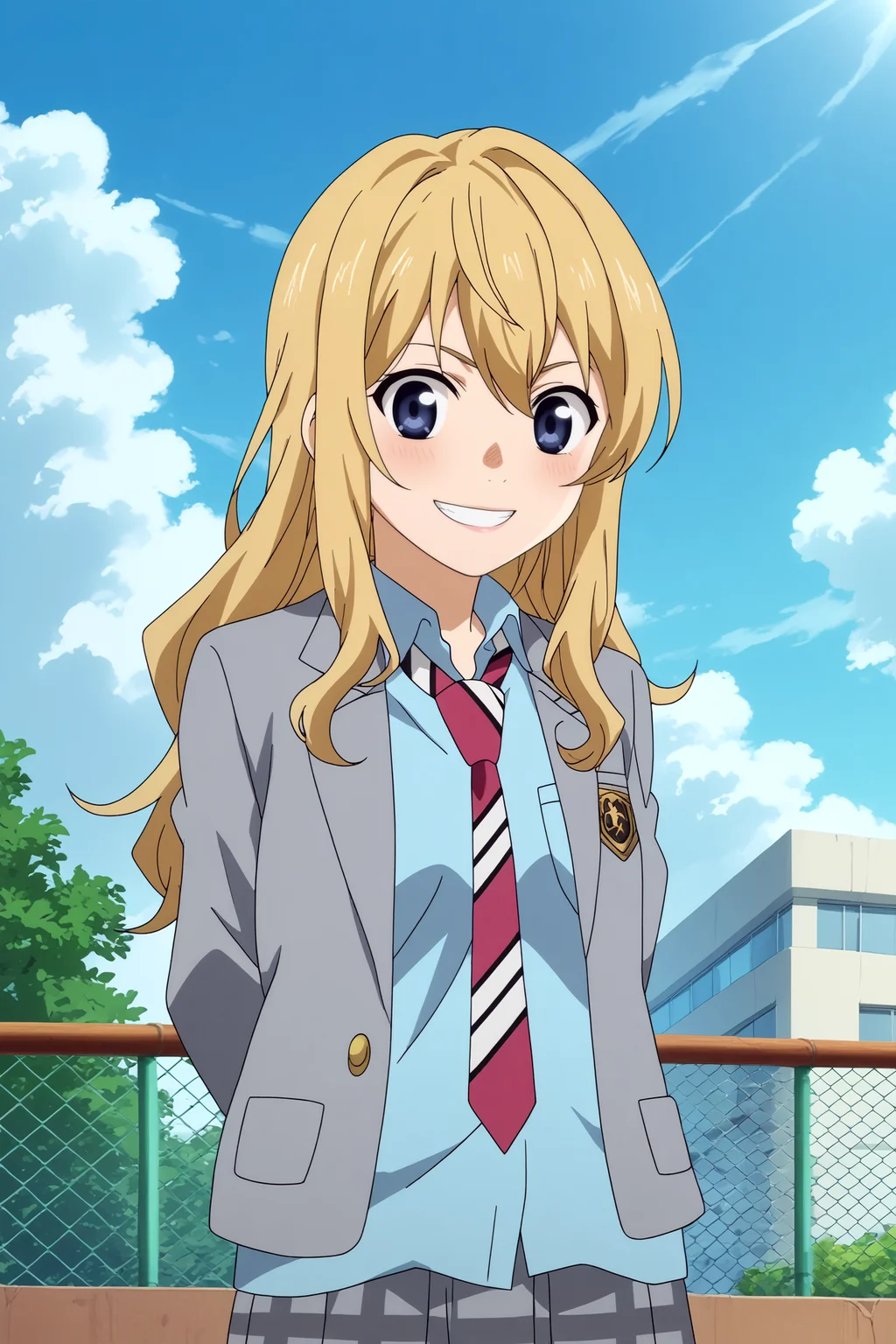 kaori miyazono,1girl,solo,long hair,school uniform,necktie,skirt,jacket,blazer,striped necktie,smile,sakuragaoka high school uniform,cowboy shot,leaning_forward,arms_behind_back,smile,teeth,upper body BREAK outdoors,blue sky,cityscape,sunlight,bright sun,sunshine,cloudy_sky,volumetric fog, volumetric lighting, best quality Masterpiece <lora:Kaori_Miyazono_-_Your_lie_in_april_Shigatsu_wa_Kimi_no_Uso.safetensors:0.8> <lora:detailed_backgrounds_v2.safetensors:0.5>
