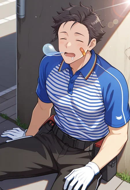 masterpiece, best quality, newest, absurdres, 1boy, solo, male focus, sleeping upright, on floor, BREAK
<lora:Kimura_Ryu_Illustrious:1> k1mur4_ry, black hair, closed eyes, bandaid, bandaid on face, BREAK
muscular male, BREAK
<lora:Sagawa_Express_Uniform_Illustrious:1> s4g4w4_3xpr3ss, employee uniform, collared shirt, striped shirt, striped clothes, white gloves, utility belt, BREAK
open mouth, drooling, nose bubble, handsome, anime, BREAK
outdoors, alley, shade, day, lens flare