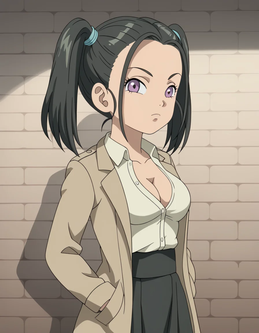 score_9, score_8_up, score_7_up, anime screencap, boubd, trench coat, white shirt, unbuttoned shirt, partially unbuttoned, cleavage, petite, medium breasts, high-waist skirt, black skirt, solo, three quarter view, cowboy shot, looking at viewer, closed mouth, light frown, standing, hands in pockets, indoors, brick wall, shade, blurry background
