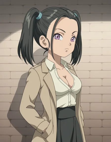 score_9, score_8_up, score_7_up, anime screencap, boubd, trench coat, white shirt, unbuttoned shirt, partially unbuttoned, cleavage, petite, medium breasts, high-waist skirt, black skirt, solo, three quarter view, cowboy shot, looking at viewer, closed mouth, light frown, standing, hands in pockets, indoors, brick wall, shade, blurry background