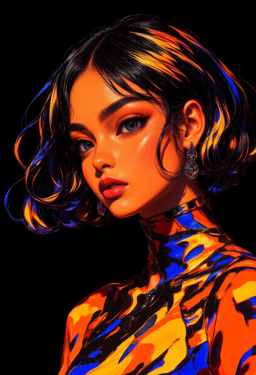 a highly detailed and texturized japanese digital illustration in a creative original anime style mixed with retro funk, anime face with realistic details and texture, stylish sketch, an attractive tiger girl, highly stylized and aesthetic, high quality anime art, (creative japanese illustration), tail, black, orange, vibrant gold trim and highlights, fierce, [glow], dark background, floating hair, dark lighting, dim lighting, crystal trim, sidelighting BREAK from side, glaring, creative composition, clear lines and outlines, (smooth color fill), gradients BREAK manga, promotional_art, official_art, floral background, rule of two thirds, 2/3rds, sideways_glance, slight head tilt in a threatening manner. high quality, 32k, immense texture and detail, creative highlights and composition, saturation balance, contrast, sharp and clear, original