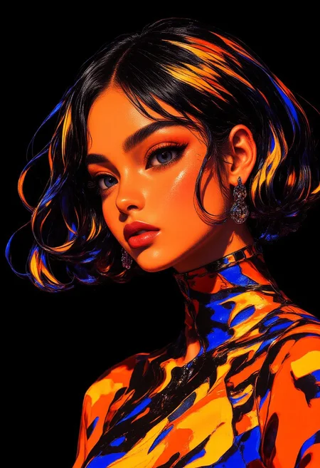 a highly detailed and texturized japanese digital illustration in a creative original anime style mixed with retro funk, anime face with realistic details and texture, stylish sketch, an attractive tiger girl, highly stylized and aesthetic, high quality anime art, (creative japanese illustration), tail, black, orange, vibrant gold trim and highlights, fierce, [glow], dark background, floating hair, dark lighting, dim lighting, crystal trim, sidelighting BREAK from side, glaring, creative composition, clear lines and outlines, (smooth color fill), gradients BREAK manga, promotional_art, official_art, floral background, rule of two thirds, 2/3rds, sideways_glance, slight head tilt in a threatening manner. high quality, 32k, immense texture and detail, creative highlights and composition, saturation balance, contrast, sharp and clear, original