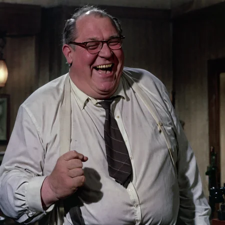A movie still of a fat old man laughing, glasses, suit and tie, white shirt