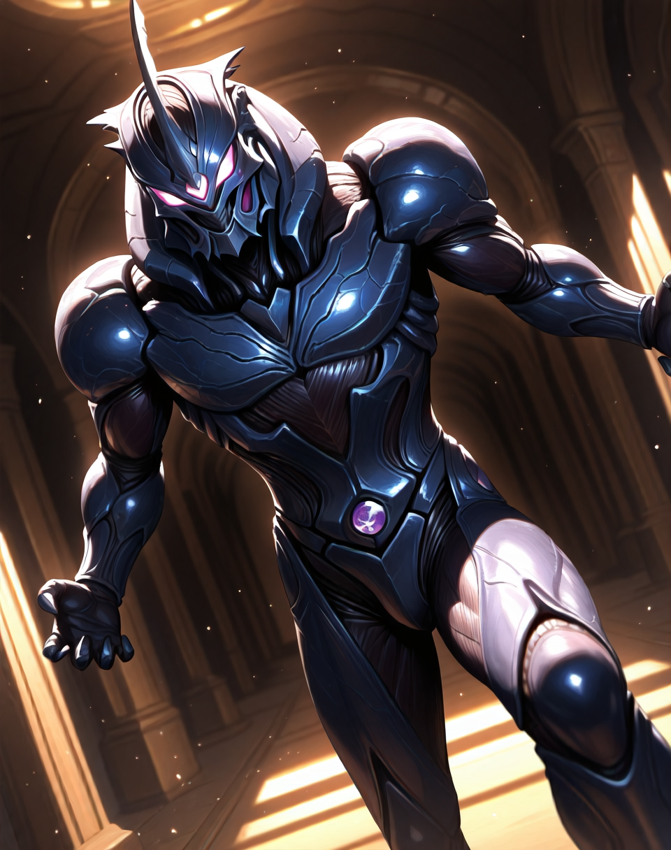perfect depth of field shot, masterpiece, beautiful, sharp focus, crisp details,
<lora:Dark_Hero_(Guyver)_(Illustrious)_(AD):1.0> Dark_Hero, Guyver, bioboosted armor, 
exterior, science fiction, high science fiction, action anime style background, dark spaceship interior, photographic realism, 8K CGI render, 
dynamic action, dynamic perspective, dutch angle, bent knee, cowboy shot,
male focus, gradient style anime coloring, strong, fighting scene, solo, 
EZRealPONYXL, zPDXL, Smooth Quality, lazynsfw,