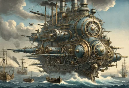concept-art, engraving of steampunk pre-dreadnough class battleship carrying flying machines, bay of Tokio, 1863 by Gustave Dore and hokusai undertones