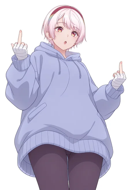 Smooth Quality,masterpiece,beautiful aesthetic, very intricate, high quality details, ultra realistic, high detailed skin,
simple background, white background,
from below,middle finger,:o,
leggings, ,oversized sweater, ,Bandaged hand, <lora:Natsukawa_Renacnn:0.8> rena/cnn, 1girl, short hair,