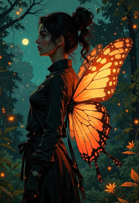 A woman with a wings of a butterfly, illuminated from behind, vibrant glow