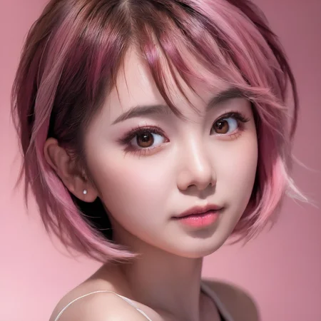 (masterpiece,best quality, ultra realistic,32k,RAW photo,detail skin, 8k uhd, dslr,high quality,),
1girl,solo, (short hair) ,(pink hair:1.2),upper body,lady, brown eyes, (led light, edge light, simple background),
((tutufc)),
 <lora:sdxl_tutufc-000002:0.9>