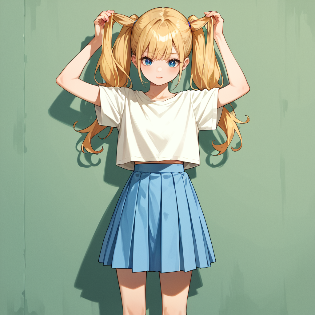score_9, score_8_up, score_7_up,source_anime, rating_safe, 1girl, blonde hair, twintails, white top, blue medium skirt, Hold on to handles, standing