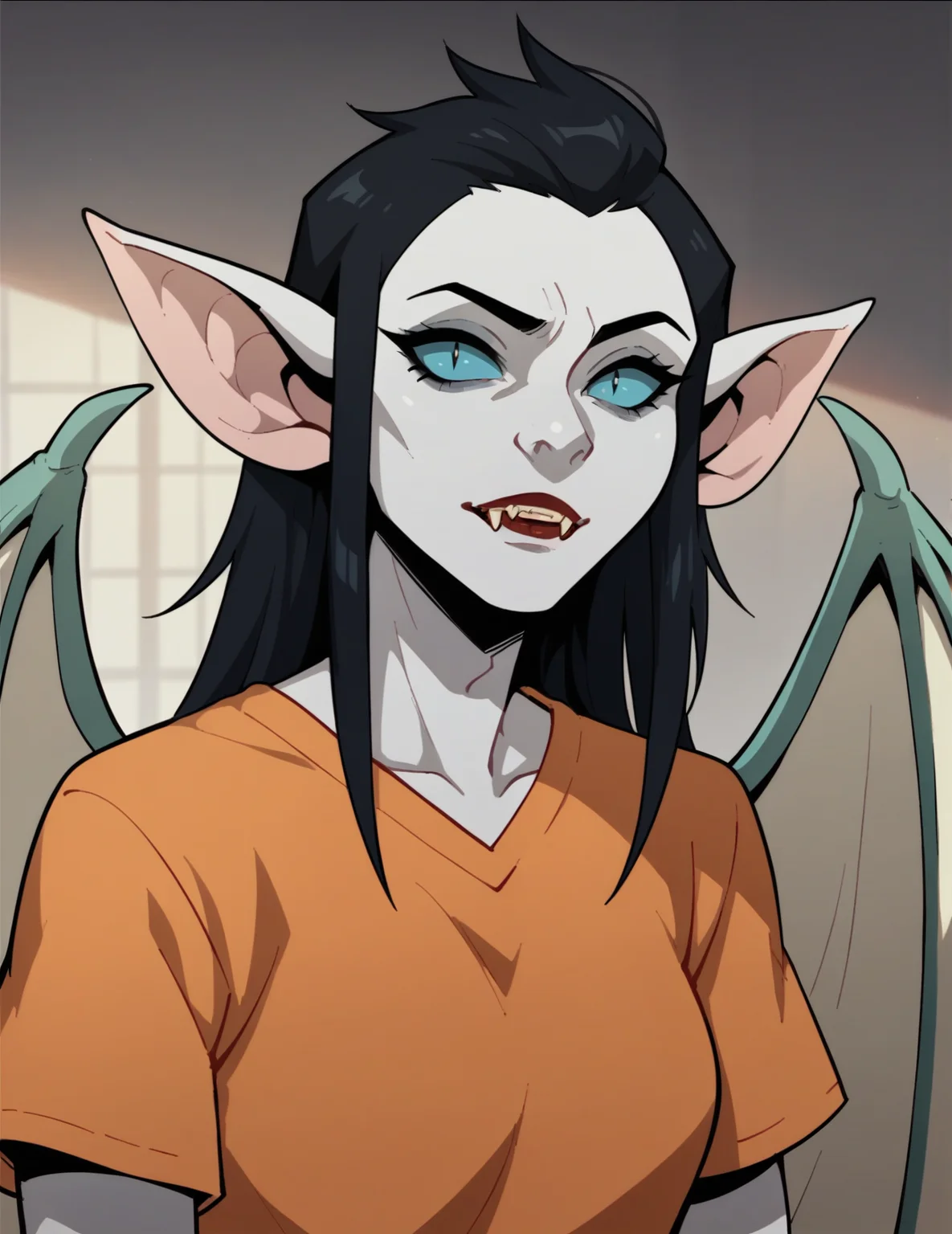 portrait, solo, female, pale skin, wings, pointy ears, black hair, orange shirt, vampire teeth <lora:Nosferata:0.7> nosferata, score_9, score_8_up, score_7_up, score_6_up, 2d, digital art, masterpiece <lora:Expressive_H:0.4> expressiveh <lora:princess_xl_v2:0.3> <lora:g0th1c2XLP:0.3> g0th1c