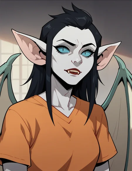portrait, solo, female, pale skin, wings, pointy ears, black hair, orange shirt, vampire teeth <lora:Nosferata:0.7> nosferata, score_9, score_8_up, score_7_up, score_6_up, 2d, digital art, masterpiece <lora:Expressive_H:0.4> expressiveh <lora:princess_xl_v2:0.3> <lora:g0th1c2XLP:0.3> g0th1c