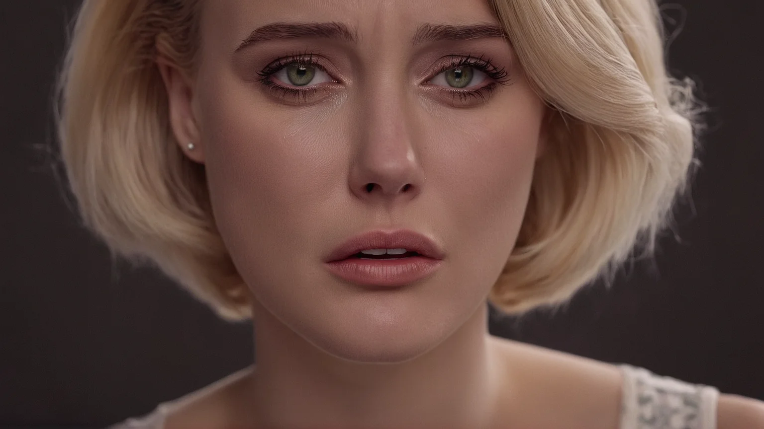cinematic film still of <lora:crying style:0.8>
<lora:detailed:0.5>
<lora:perfection style:0.5>
<lora:Chiaroscuro Lighting Style:0.3>
a woman with blonde hair is crying and she is crying.,1girl,solo,looking at viewer,short hair,blonde hair,simple background,green eyes,parted lips,teeth,lips,eyelashes,black background,portrait,close-up,realistic , crying, sad, teary face, tears, crying style, shallow depth of field, vignette, highly detailed, high budget, bokeh, cinemascope, moody, epic, gorgeous, film grain, grainy