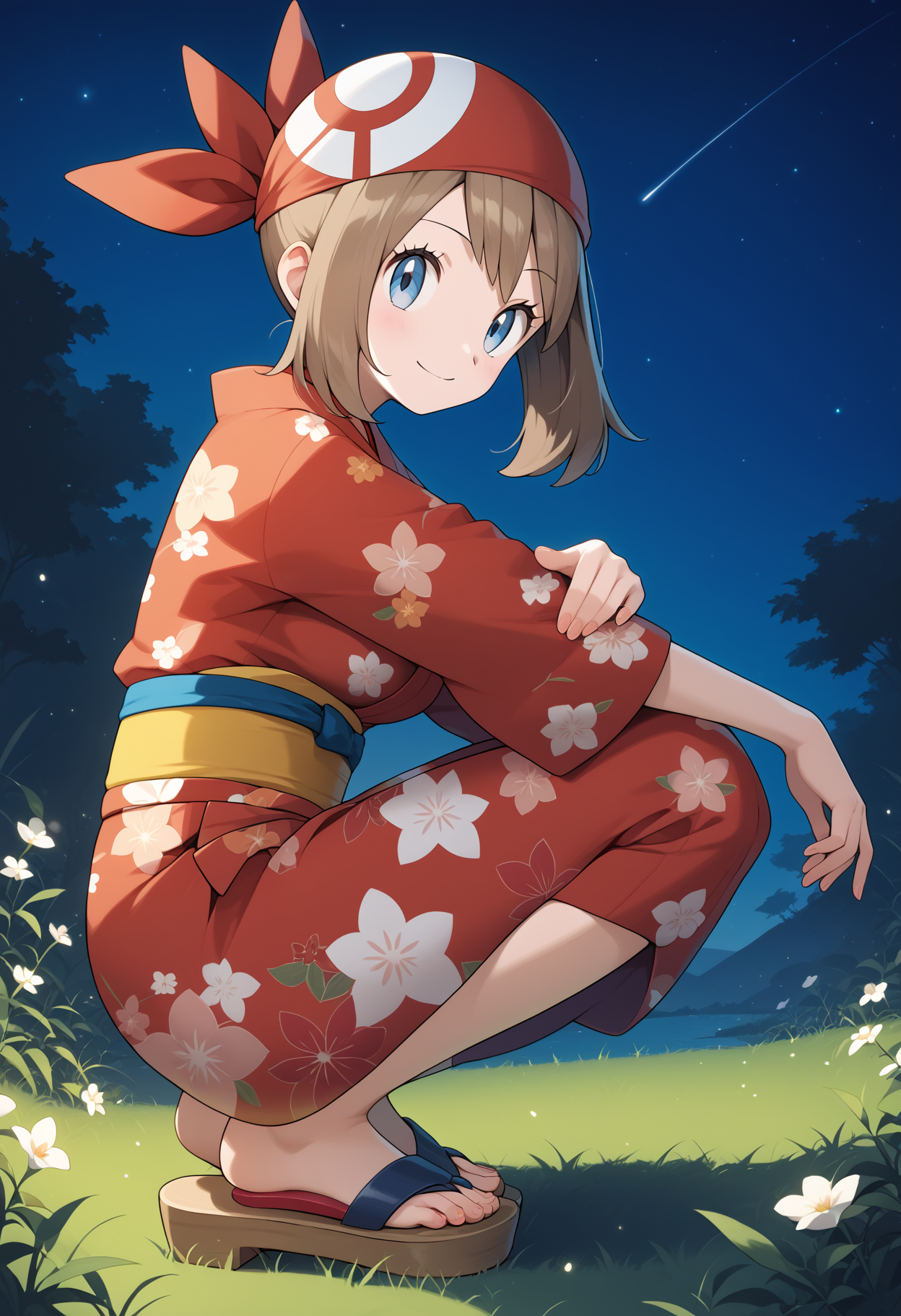 score_9, score_8_up, score_7_up, score_6_up, score_5_up, score_4_up, source_anime, aamay, brown hair, red bandana, blue eyes, breasts, <lora:may_(pokemon)_ponyxl_v1:0.9>, night, grass, squatting, yukata, japanese clothes, floral print, obi, from side, smile, looking at viewer, sandals, star \(sky\),
