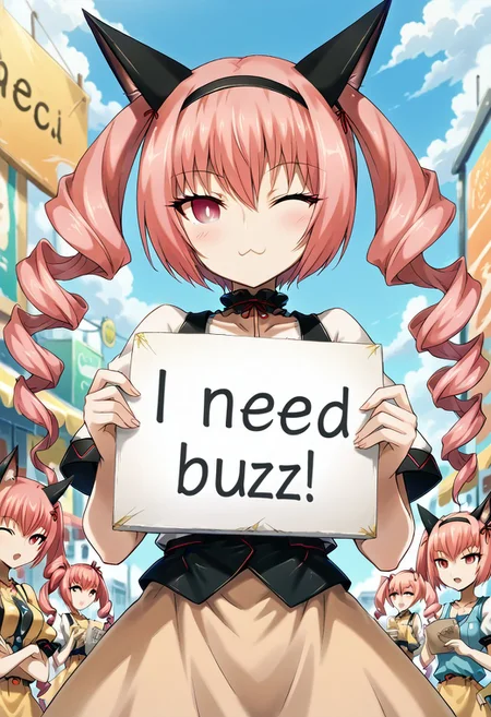 score_9, score_8_up, score_7_up, source_anime, <lora:rumiho-akiha-ingame-ponyxl-lora-nochekaiser:1>, 1girl, rumiho akiha, long hair, twintails, pink hair, drill hair, twin drills, red eyes, animal ears, cat ears, wink, cafe background, need_buzz, holding sign