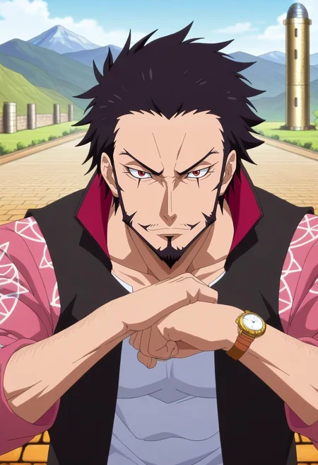 masterpiece, best quality, anime screencap, anime coloring, official style, , looking at viewer, 1boy, male focus, 1boy, dracule mihawk, yellow hawk eyes, black hair, solo, mountain fortress, stone walls, watch towers, training grounds, guard pose, vigilant expression, afternoon, <lora:tensura_style_ilxl:1>, tensura_style,