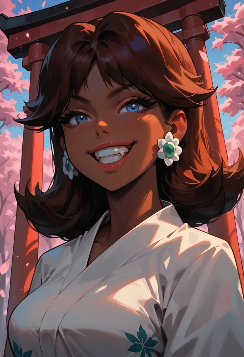 score_9, score_8_up, score_7_up, score_6_up, aesthetic ,  Japanese shrine, torii, cherry blossoms, yukata, daisy pattern, outdoors, sunset, smug, solo,  dutch angle,  g0thicPXL, (close up:1.2), portrait, large breasts, princess daisy, blue eyes, brown hair, (dark skin:1.3), ojou-sama_pose, laughing, grin, single fang, small fang