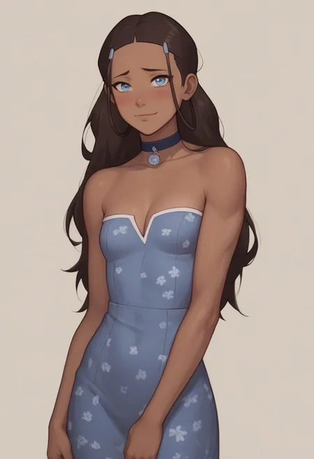 women;
handsfree, , cleavage natur, bare shoulders, collar bone,
score_9, score_8, score_7, high quality, high detail, masterpiece, sharp lines, blush, small breasts, looking at viewer, shy smile
<lora:AsuraV2:0.5>, <lora:princess_xl_v2:0.25>, <lora:Smooth Anime Style LoRA XL:0.5>, <lora:g0th1cPXL:0.5>,
<lora:katara-book2-ponyxl-lora-nochekaiser:0.5> katara, dark skin, choker, dark-skinned female, brown hair, long hair, shoulder hair, blue eyes, hair ornament
dress floral, lacing detail on dress, motif transparent, bare arms.