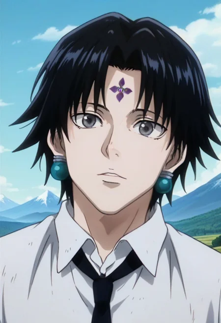 ((masterpiece)), ((best quality)), ((ultra-detailed)), ((absurdres)), score_9_up, score_8_up, score_7_up,
HD, top quality, best quality, amazing quality, High-quality illustrations, anime screencap, source_anime, best aesthetic, perfect proportions, perfect eyes, 1boy, 1male, solo boy, solo male, male focus, solo male focus, Anime, boy, male anime character, anime boy, handsome, cute, charming, sexy, good-looking, Chrollo Lucilfer, black hair, gray eyes, blue-green earrings, forehead mark, ((white collared shirt)), black necktie, ((mountains, dry land)), ((head only shot, face shot, focus on face only)), easynegative, updn, Expressiveh, masterpiece, best quality, very aesthetic, absurdres