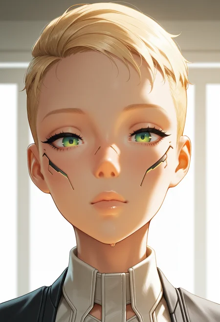 masterpiece, best quality, amazing quality, very aesthetic, absurdres, newest,
<lora:ILCyberSandraDorsett:1.0>
CyberSandraDorsett, 1girl, blonde hair, short hair, green eyes, looking at viewer, portrait