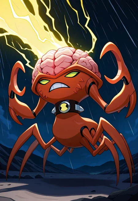 masterpiece, best quality, amazing quality, very aesthetic, absurdres, newest,
brainstorm, solo, teeth, no humans, pokemon (creature), green eyes, clenched teeth,  crab, crab claws, , , collar,, full body, spider legs, lobster claws, 
yellow electricity, exposed brain, thunderstorm, rainy night,