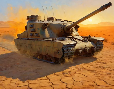 oil painting of a a trtsetnk tank, <lora:Tortoise_Tank_SDXL:0.65>,tan and orange camouflage paint,giant stubby main gun,side view,moving through arid field,at sunset,impressionism style