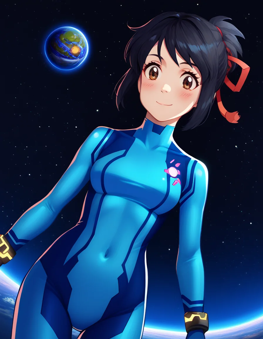 score_9, score_8_up, score_7_up, source_anime, mitsuhamiyamizu, <lora:mitsuha-miyamizu-ponyxl-lora-nochekaiser:1>, mitsuha miyamizu, black hair, brown eyes, short hair, ribbon, hair bun, hair ribbon, red ribbon,, <lora:samus-aran-cosplay-ponyxl-lora-nochekaiser:1>, samusarancosplay, samus aran \(cosplay\), blue bodysuit, bodysuit, covered navel, skin tight, zero suit,, space, planet, earth \(planet\), star \(sky\), galaxy, nebula, moon, blush, smile,, cowboy shot, dutch angle, solo,