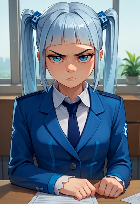 score_9, score_8_up, score_7_up, source_anime, upper body, solo, 1girl, rkn-chan, unamused, looking at viewer, table, twintails, hair ornament, blue jacket, necktie, long sleeves, indoors, office <lora:gijinkaseries_rkn-chan_ponyXL:1>