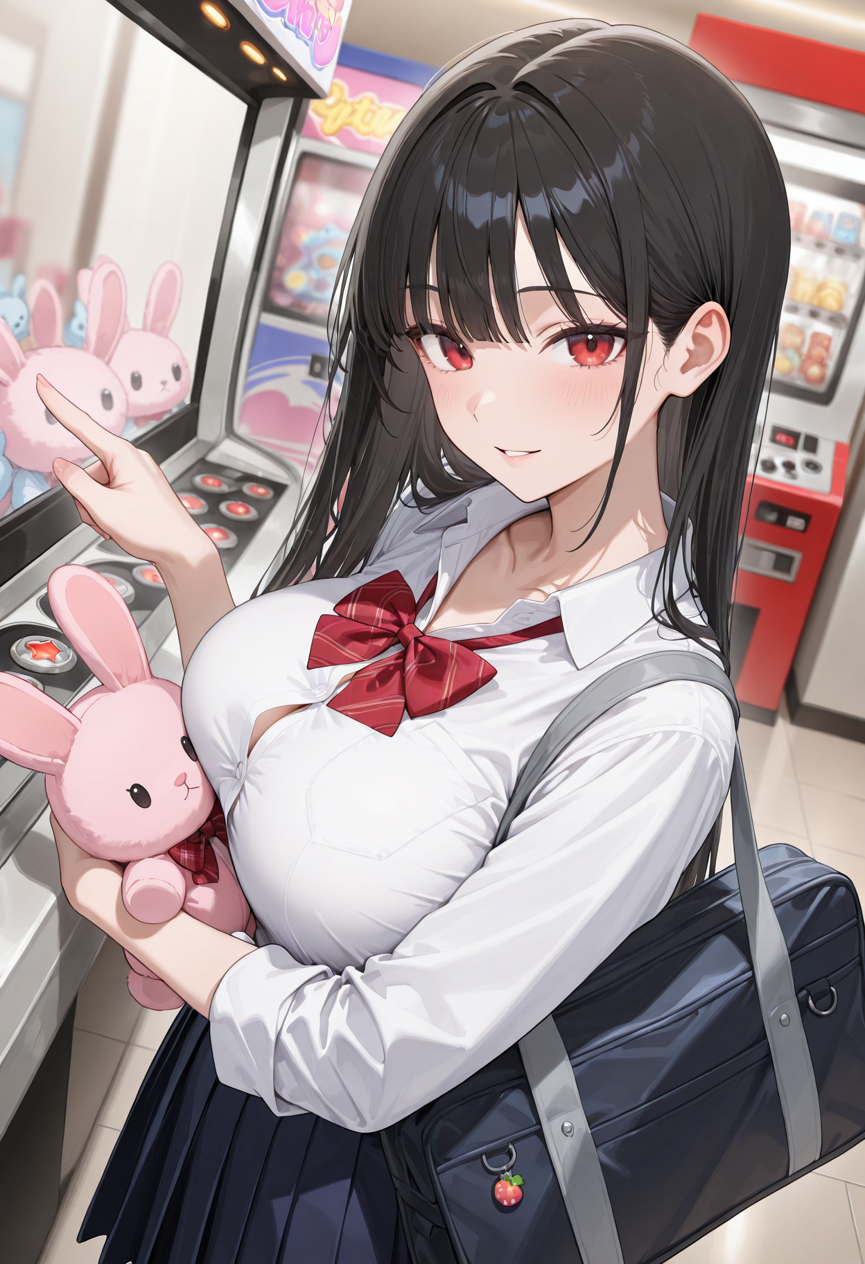 masterpiece,best quality,amazing quality,newest,absurdres,highres, newest,
,side view,from below,dutch angle,
1girl, beautiful face, perfect eyes, detailed eyes,(slim body:1.2),mature female,
black hair,blunt bang,long hair, straight hair,
red eyes ,looking at viewer, 
parted lips, light smile,
large breasts,
seifuku,unworn red plaid bowtie,blue pleated skirt,collarbone, collared shirt,,(button gap:0.6) ,
hugging pink rabbit plushie,school bag,pointing,trinket, 
arcade,claw machine,
detailed background, volumetric lighting, depth of field, shadow,