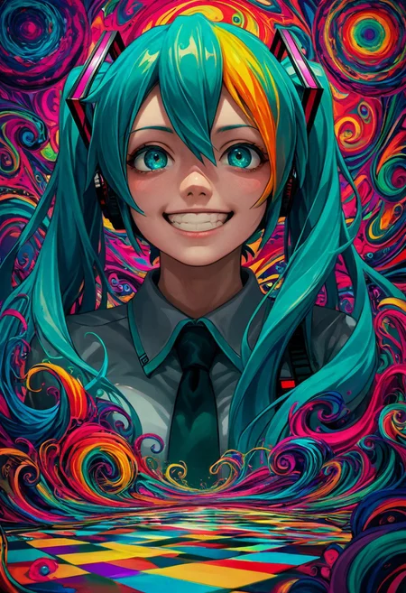 color_pop, color, bw, source_anime, colorful, score_9, score_8_up, score_8, (hatsune_miku, streaked hair, source_comics, source_western), abstract, P5YCH3D3l1C, BREAK, (P5YCH3D3l1C), colorful, trippy, (abstract), colors, checkerboard, grin, large breasts, (blue_theme),