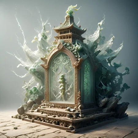 8k,hi res,(surreal,score_9, score_8_up, score_7_up, score_6_up),realistic analog photo, award winning photo,magnificent, celestial, ethereal, painterly, epic, majestic, magical, fantasy art ,((The Elven style:1.5)),((Elven Tower,Pagoda:1.3)),((fabulous nature:1.3)),((Elven tower, pagoda stands against the backdrop of mountains)),(((a tall green transparent jade  fairy-tale elven tower decorated with mythical golden statues and shining with magical light, where magical runes seem to be perfectly intertwined with the archetecture of the tower:1.5))), where the natural elements are rampant (((the power of the storm, the power of lightning, the power of fire))), where natural elements run amok (((the power of the storm, the power of lightning, the power of fire))) ((beautiful ancient fairy garden of emerald jade runestones)),(realistic detailed background),<lora:glowneon_xl_v1:0.75> glowneon,STX&ChrisHrrFrstF, <lora:Tempest_Magic_-_XL_Grimoire:1>, tempestmagic