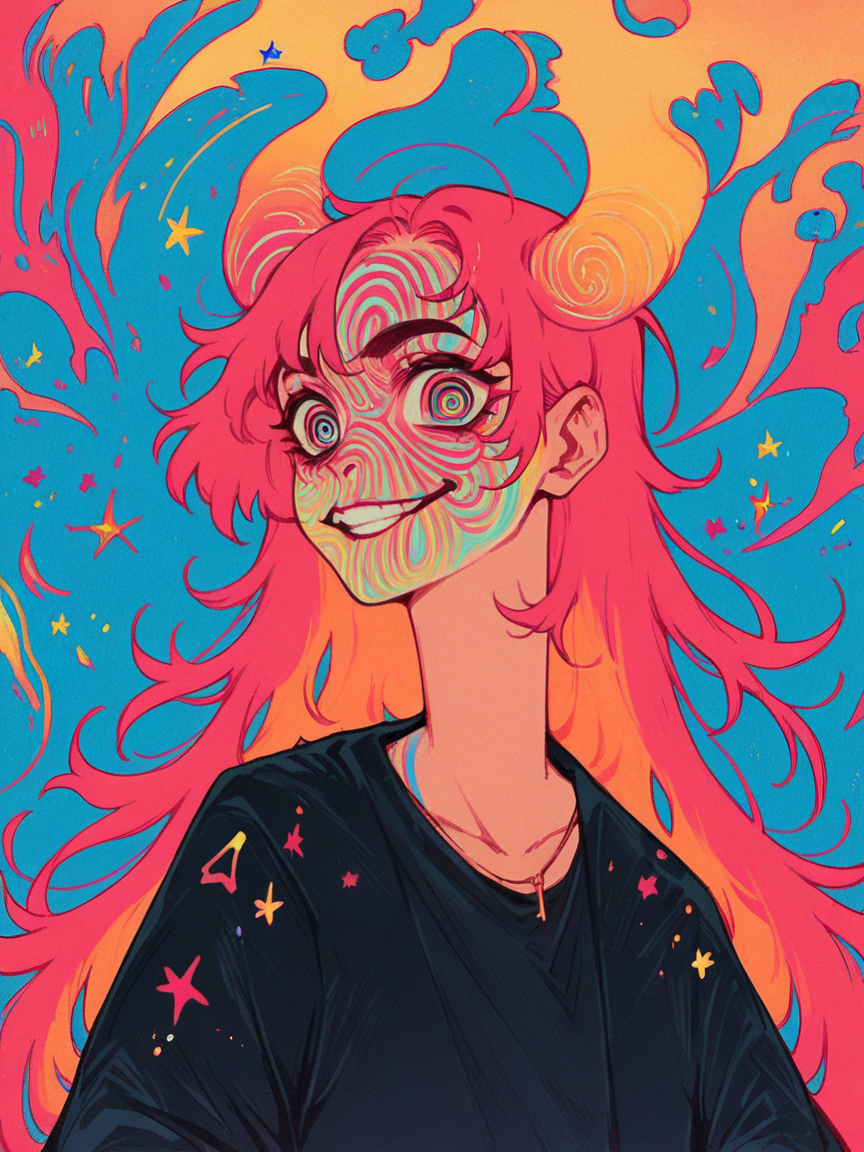 score_9, score_8_up, score_7_up, score_6_up, score_5_up, score_4_up,   <lora:f3nn3rXLP:0.9> f3nn3r, 1girl, colourful, pink, blue, black, red, trippy