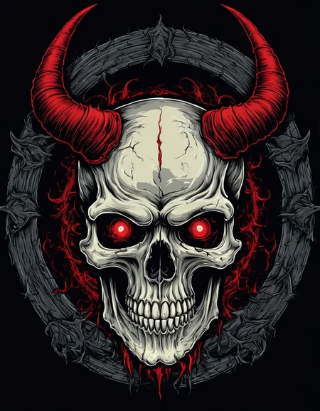 metal_tee, a skull with horns and red eyes, surrounded by a halo of horns. The skull is surrounded by a dark background, creating a visually striking and ominous atmosphere., vector digital illustration, (black background:1.5) <lora:metal_tee_sdxl:1>