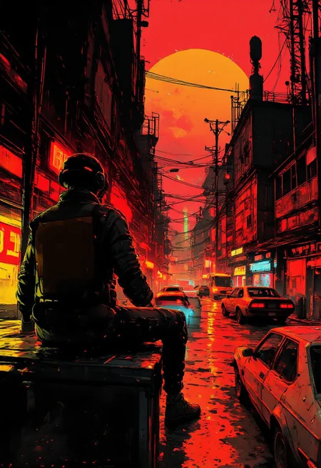 inksketch, silhouette art, chiascuro, cyberpunk, very detailed background, cyberpunk,
The image is of a cyberpunk man from behind as he sits on a roof top overlooking a futuristic, cyberpunk industrial. He is wearing modern Japanese streetware. The red glow of the neon lights light up the area. The moon in a waining crescent overhead. Cars drive by on the busy street below.
From behind, sitting on edge of roof, facing away, cyberpunk, neonpunk, retro, illustration
<lora:ck-Neon-Retrowave:0.2>