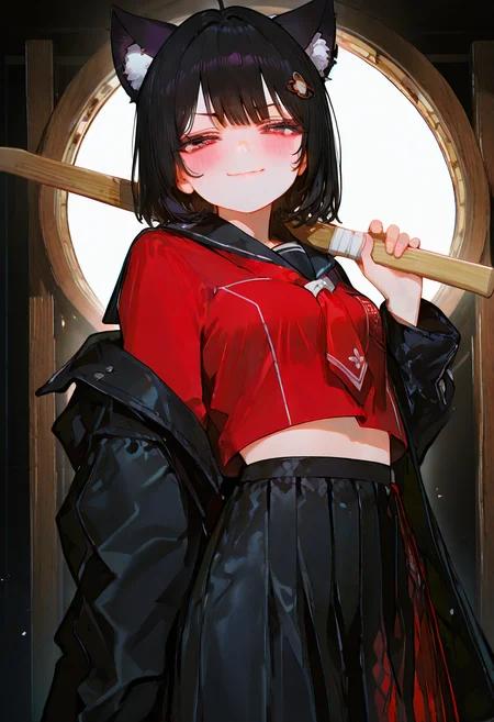 <lora:HandFixer_pdxl_Incrs_v1:1>, <lora:ê·¸ë¦¼ë³´ì  ìì ê¸°:0.5>,  <lora:ê·¸ë¦¼ë³´ì  ponyv6_noobV1_2_adamW-000017:1>, <lora:add-detail-xl:1.5>, <lora:NOOB_EPSv1_1_detailer_by_vlnvk_v1_0:1.5>, <lora:745cmSDXLvpred75S:1>, masterpiece, best quality, distinct, super_detail, finely_detailed, mishoujo, very aesthetic, absurdres, Illustration, score_9, score_8_up, score_7_up, score_6_up, 1girl, solo, (cowboy shot:1.5), <lora:Sukeban-IL:1> Suk3ban, long skirt, midriff, serafuku, jacket, chest wrappings, wooden sword, <lora:ìºë¦­í°_ì´ìì¼:1>, black_hair, red_eyes, eyebrows_visible_through_hair, short hair, bangs, small breasts, blush, symbol-shaped_pupils, animal ears, animal ear fluff, hair ornament, ornament, hairclip, irritating face, Squatting with spreading legs,