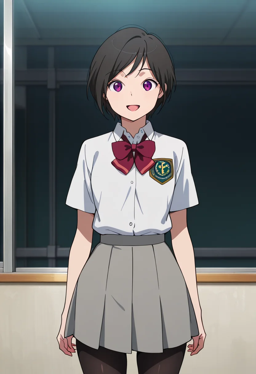 masterpiece, best quality, amazing quality, very aesthetic, absurdres, newest, illustration, perfect composition, intricate details, highres, anime coloring, 1girl, solo, (cowboy shot:1.2), inkoww, purple eyes, black hair, short hair, school uniform, white collared shirt, short sleeves, red bowtie, emblem, grey skirt, black pantyhose, looking at viewer, smile, open mouth, shiny body, shiny skin, skindentation, clear skin, shiny hair, ultra detailed eyes, depth of field, sharp, intricate details, hyperdetailed, ultra-detailed, detailed clothing folds, high contrast, dynamic light  <lora:Amifumi_Inko_Aldnoah_Zero_ill_v1.1:1>