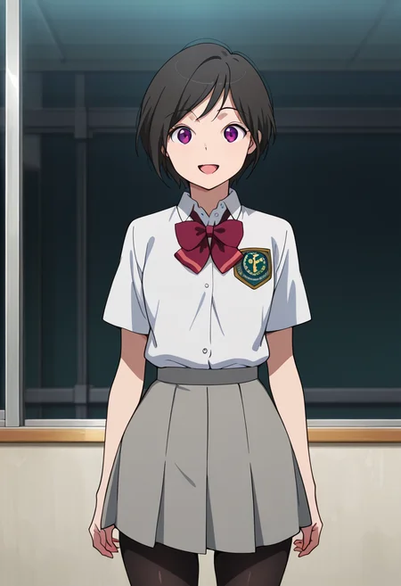 masterpiece, best quality, amazing quality, very aesthetic, absurdres, newest, illustration, perfect composition, intricate details, highres, anime coloring, 1girl, solo, (cowboy shot:1.2), inkoww, purple eyes, black hair, short hair, school uniform, white collared shirt, short sleeves, red bowtie, emblem, grey skirt, black pantyhose, looking at viewer, smile, open mouth, shiny body, shiny skin, skindentation, clear skin, shiny hair, ultra detailed eyes, depth of field, sharp, intricate details, hyperdetailed, ultra-detailed, detailed clothing folds, high contrast, dynamic light  <lora:Amifumi_Inko_Aldnoah_Zero_ill_v1.1:1>