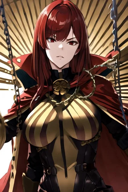 solo_focus, 1girl, (((masterpiece))), ((best quality)), ((ultra-detailed)), high resolution, absurdres, highres, ultra-detailed 8k unity wallpaper, 
oda_biig,large breasts,red eyes,black bodysuit,red hair,chain,collared cape,