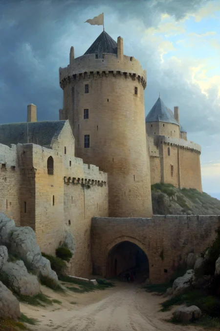 fantasy atmosphere, an English Castle, (13th Century:1.5), dramatic atmosphere, dream scenery art, beautiful oil painting, masterpiece, highres, <lora:add-detail-xl:1> <lora:Aros_Castle_Style:1>