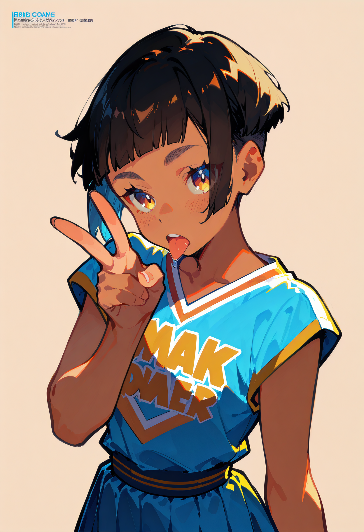 1girl,   black hair, very short hair,   blunt bangs,       
BREAK   1girl, v, tongue out, hand up, tongue out, looking at viewer,       
BREAK               cheerleader, cheering clothes,  Ink swirling around the character, simple background,   magazine scan, 
BREAK safe, masterpiece, best quality, very aesthetic, absurdres, highres, newest, <lora:ponyv5_noobV065S_1_adamW:0.7>, <lora:lora:0.4>, <lora:Unstable_v1.0:1.0>