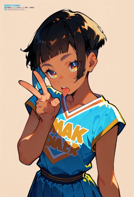 1girl,   black hair, very short hair,   blunt bangs,       
BREAK   1girl, v, tongue out, hand up, tongue out, looking at viewer,       
BREAK               cheerleader, cheering clothes,  Ink swirling around the character, simple background,   magazine scan, 
BREAK safe, masterpiece, best quality, very aesthetic, absurdres, highres, newest, <lora:ponyv5_noobV065S_1_adamW:0.7>, <lora:lora:0.4>, <lora:Unstable_v1.0:1.0>