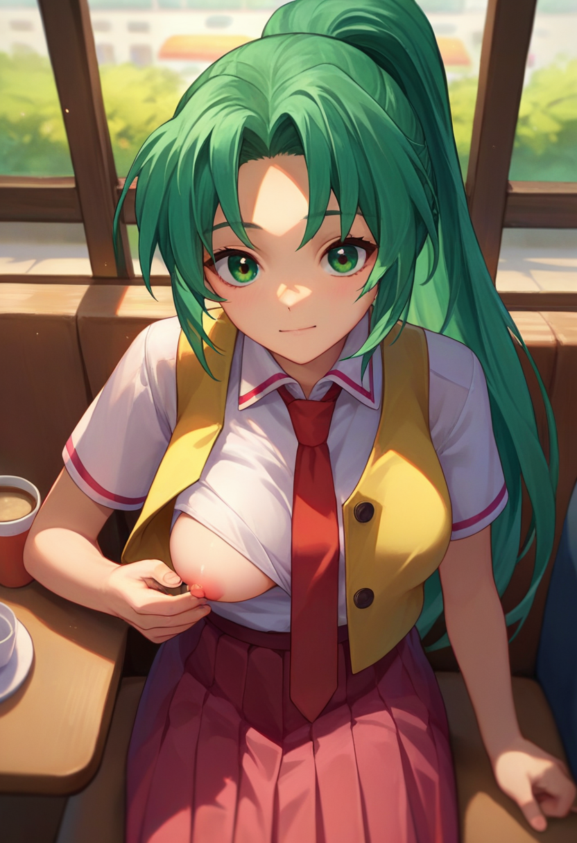 score_9, score_8_up, score_7_up, source_anime, Mion Sonozaki, green eyes, ponytail, white shirt, red necktie, yellow vest, red skirt, cafe, sitting, one breast out, pov,  <lora:MionCAME2-000008:1>