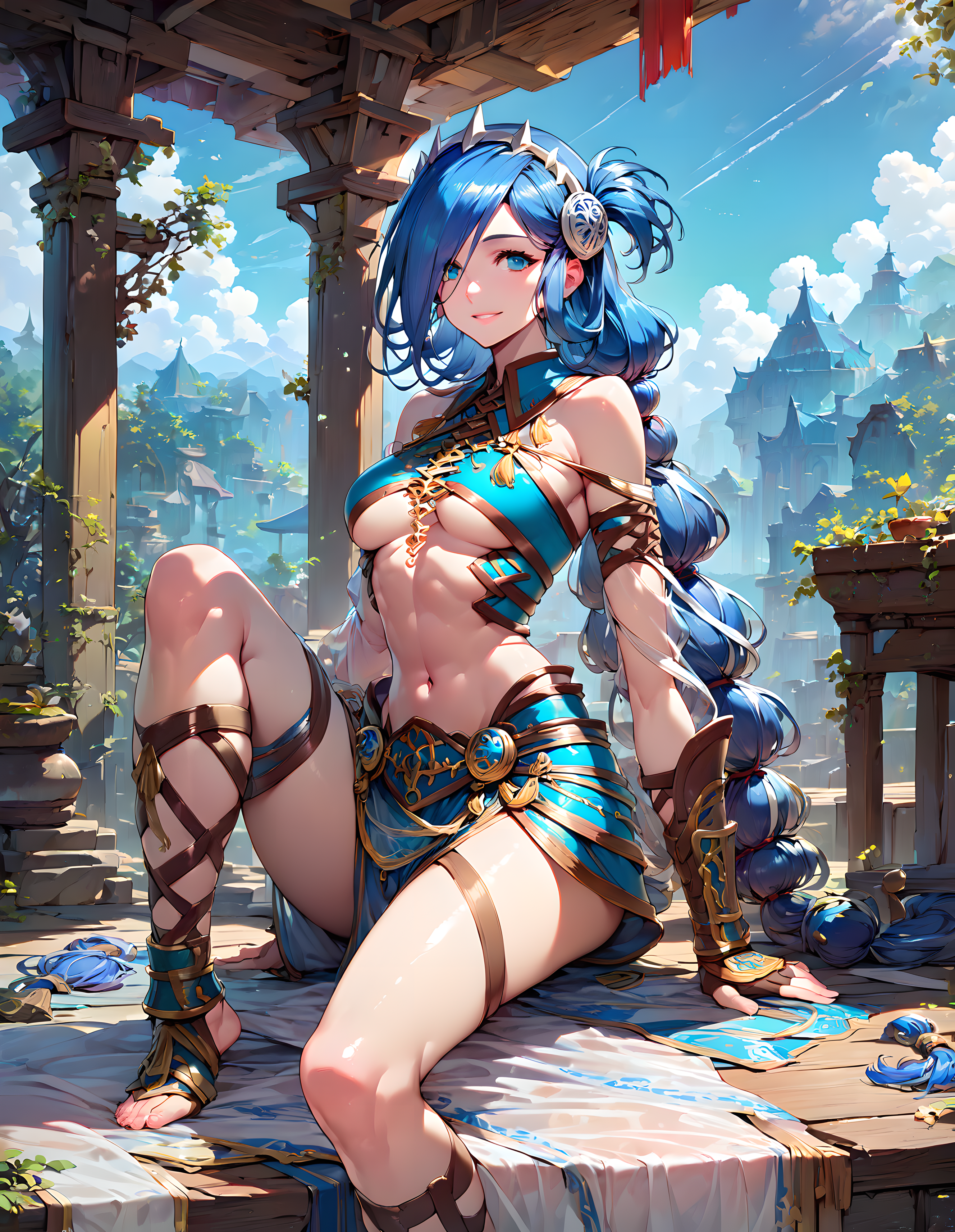 <lora:pony_xl_dana:0.9>,dana,score_9,score_8_up,score_7_up,source_anime,1girl,solo,hair over one eye,shiny hair,white hairband,midriff,underboob,navel,bracer,transparent sleeve,shiny,fingerless gloves,transparent hem,smile,;d,nature,remains,sitting,knees_together_feet_apart,cowboy_shot,