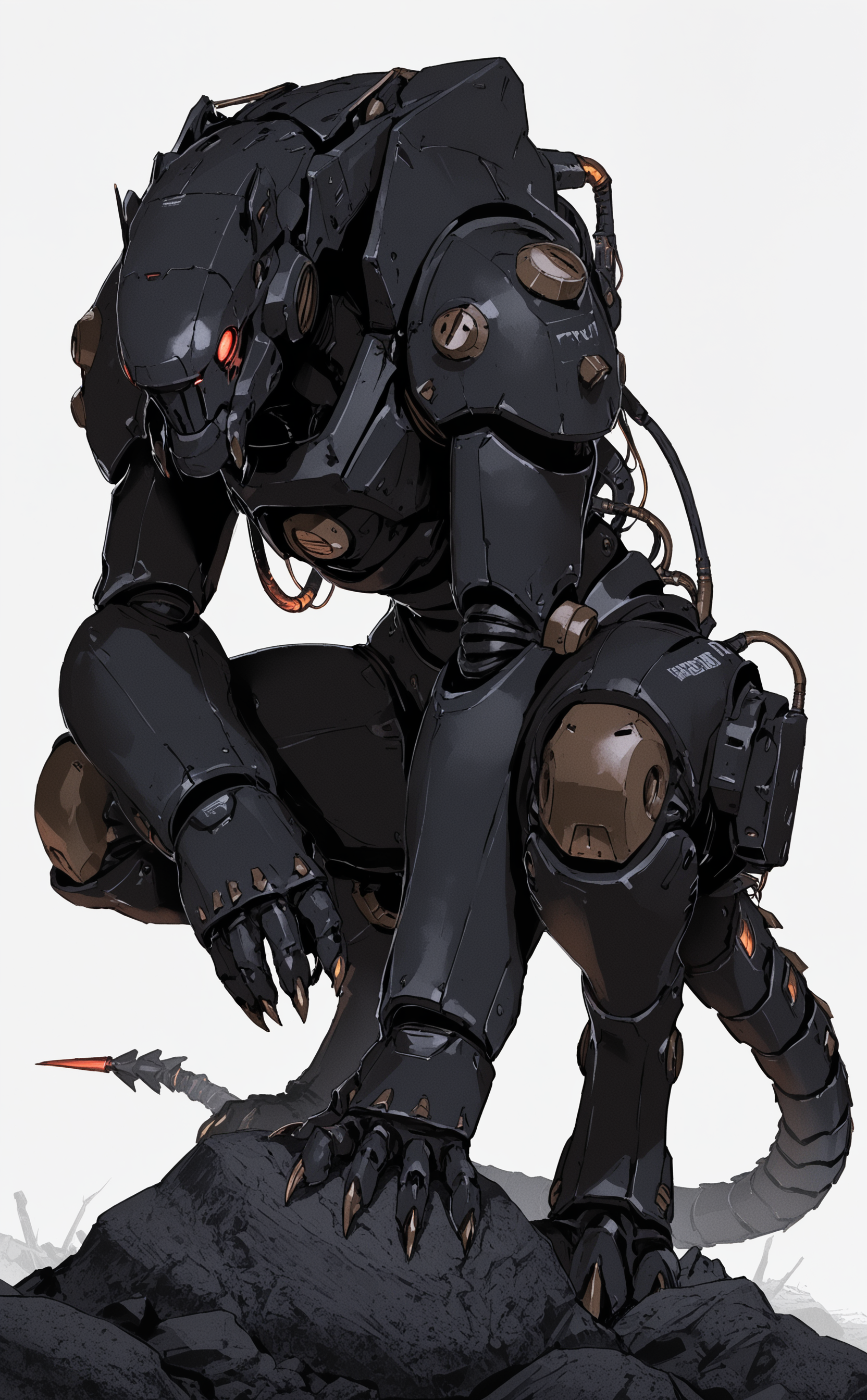 masterpiece, best quality, amazing quality, solo, white background, tail, full body, no humans, squatting, robot, claws, mecha, science fiction, rock, realistic, cable, power armor, humanoid robot, mechanical tail, digitigrade, rolua,
dark_comic_fantasy_noir <lora:noobai_ep11_stabilizer_v0.138_fp16:0.3> <lora:NOOB_vp1_detailer_by_volnovik_v1:0.3> <lora:dark_comic_fantasy_noir_illustriousXL-000021:0.6> <lora:96YOTTEA-WAI:0.5> <lora:Rolua_style_v1_cocoILv56:0.7>