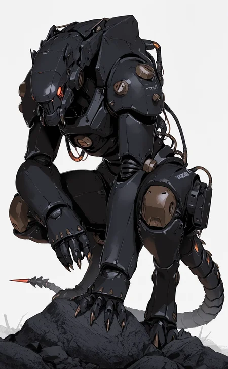 masterpiece, best quality, amazing quality, solo, white background, tail, full body, no humans, squatting, robot, claws, mecha, science fiction, rock, realistic, cable, power armor, humanoid robot, mechanical tail, digitigrade, rolua,
dark_comic_fantasy_noir <lora:noobai_ep11_stabilizer_v0.138_fp16:0.3> <lora:NOOB_vp1_detailer_by_volnovik_v1:0.3> <lora:dark_comic_fantasy_noir_illustriousXL-000021:0.6> <lora:96YOTTEA-WAI:0.5> <lora:Rolua_style_v1_cocoILv56:0.7>